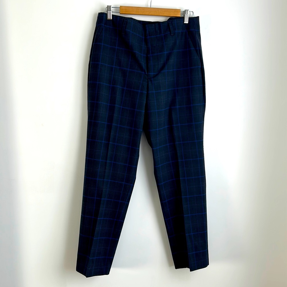 NWOT GAP Charcoal Grey with Royal Blue Plaid Print High Rise Trouser Pant SZ 12